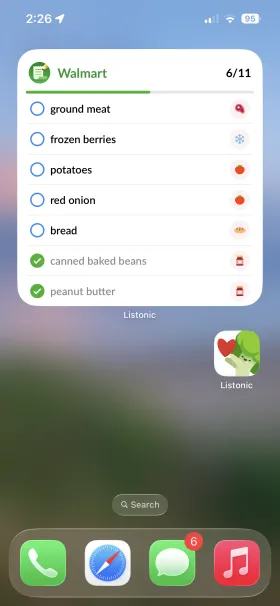An iPhone home screen widget for Listonic’s Walmart list, showing 6 of 11 items checked off with a progress bar, including ground meat, frozen berries, potatoes, red onion and bread still to buy