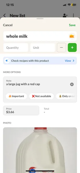 Écran d'édition d'un produit dans Listonic avec les champs prix, note et photo