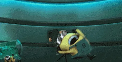 An animated yellow character in goggles darting through a teal-lit room