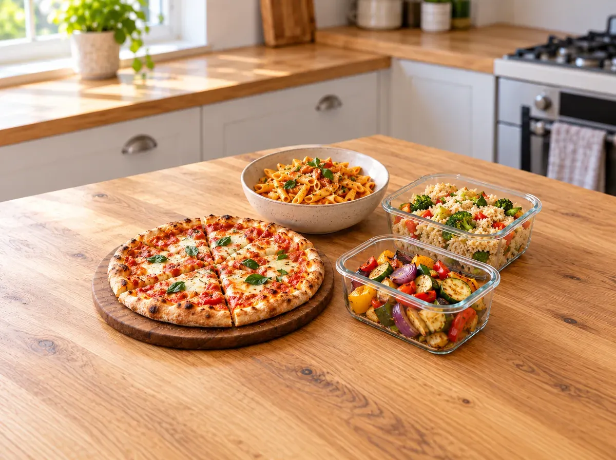 Eine Pizza auf einem Brett, eine Schüssel Nudeln und Glasbehälter mit Resten