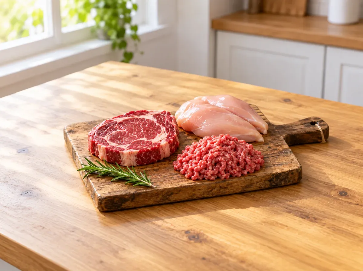 Rohes Steak, Hähnchenbrust und Hackfleisch auf einem Holzbrett mit Rosmarin