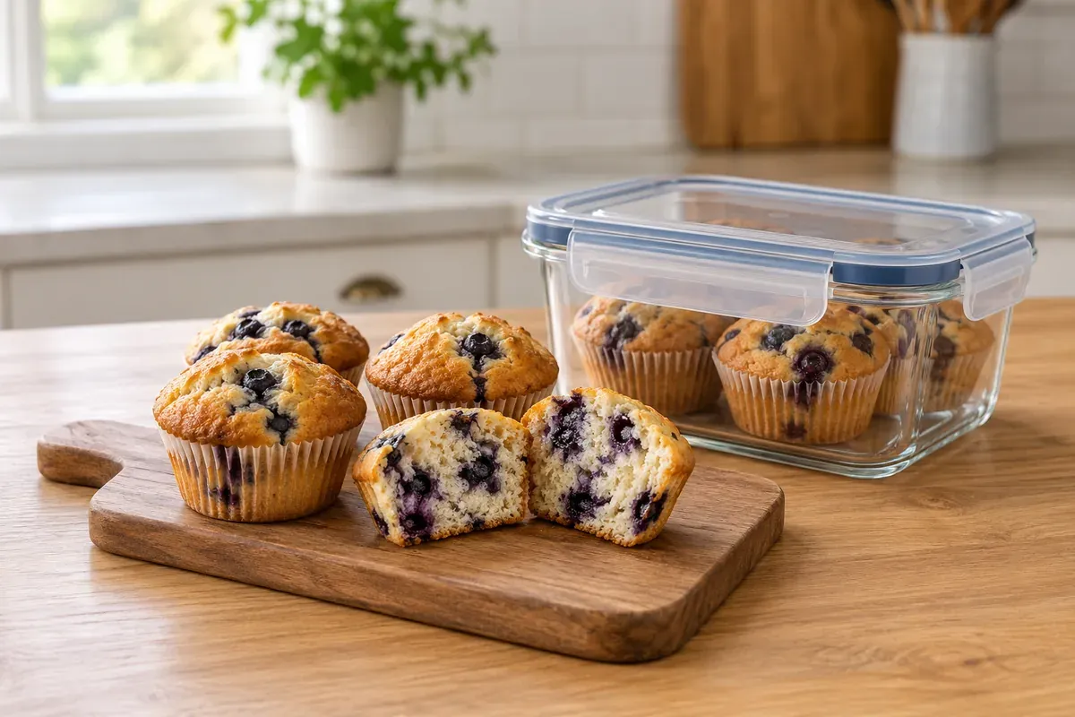 Heidelbeermuffins auf einem Brett, einer aufgeschnitten, neben einer Dose