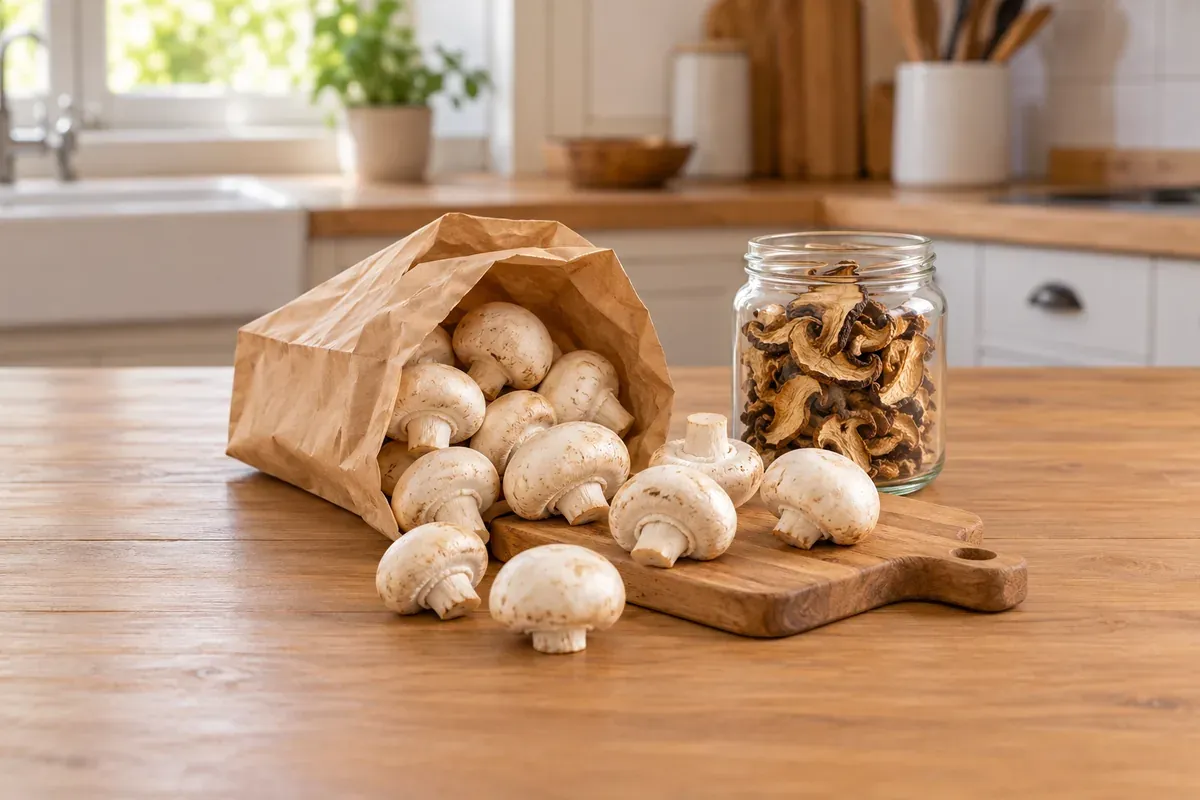 Weiße Champignons aus einer Papiertüte neben einem Glas getrockneter Pilze