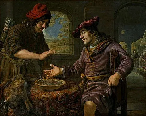 A painting of two men bargaining over a bowl of pottage, a hare on the table