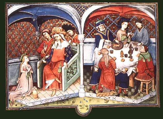 An illuminated manuscript of a crowned lord with musicians, his table served
