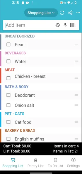 Liste de courses dans Out of Milk avec les produits groupés par catégories