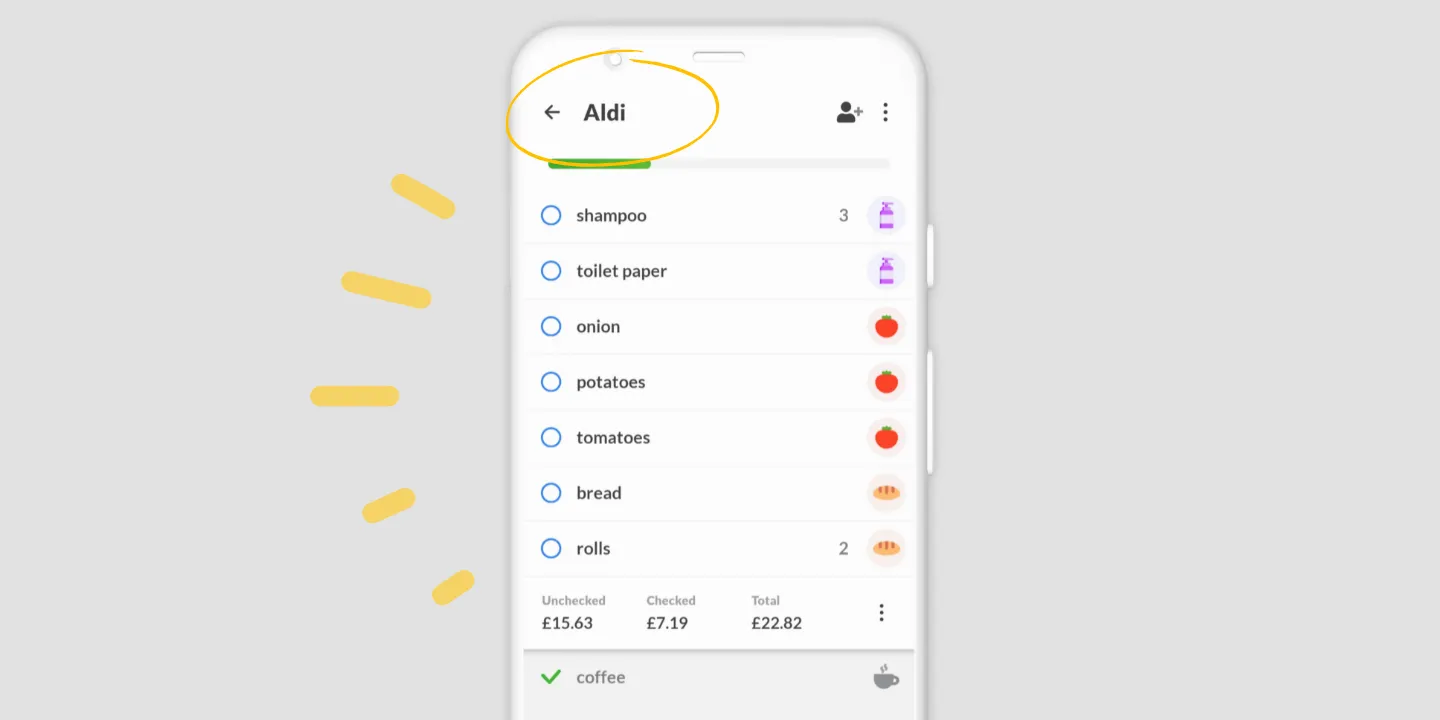 A Listonic list for Aldi opened straight onto the list, with its name circled at the top.