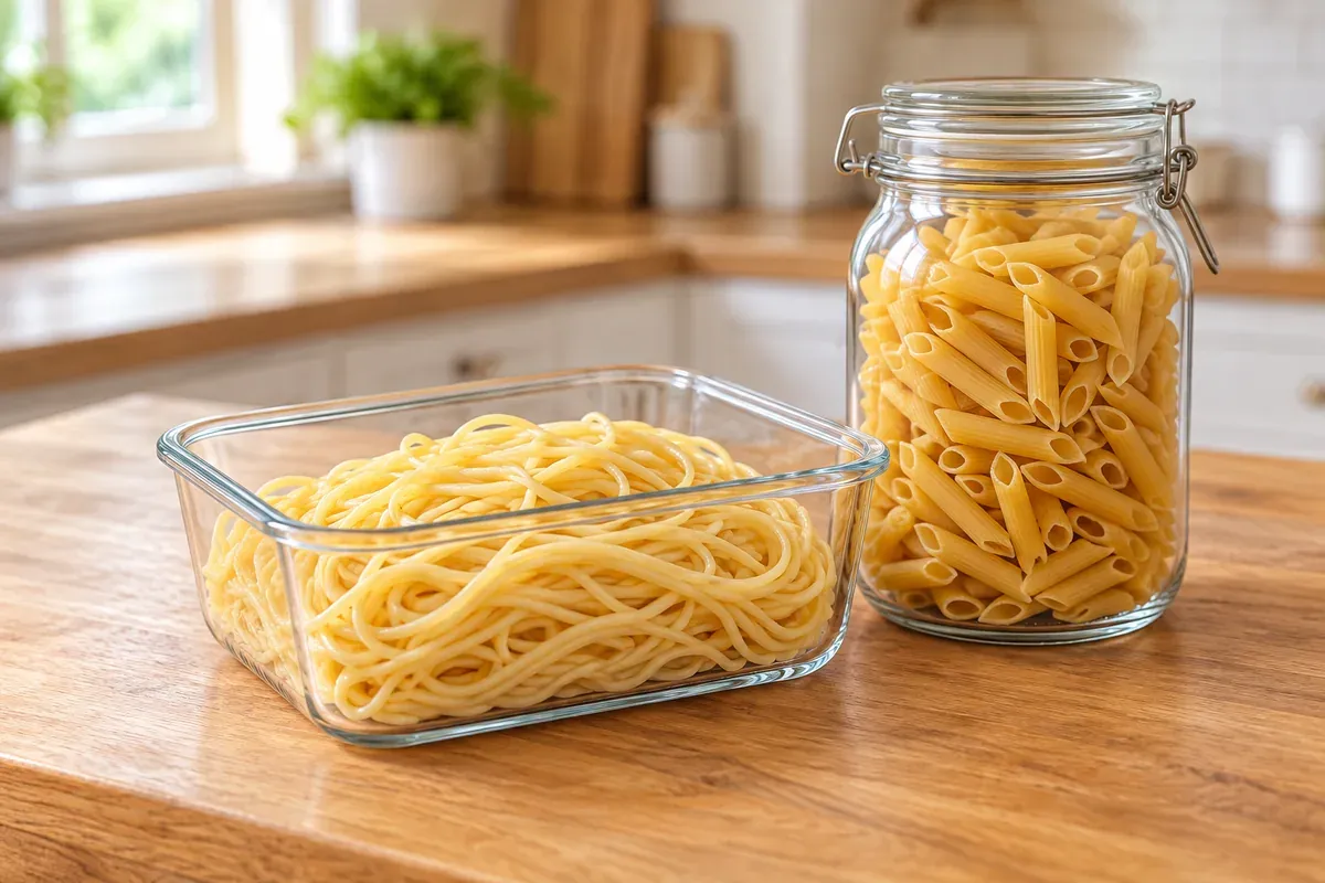 Gekochte Spaghetti in einer Glasdose neben einem Glas mit trockenen Penne