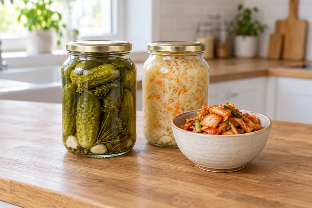 Glas mit Essiggurken neben einem Glas Sauerkraut und einer Schale Kimchi