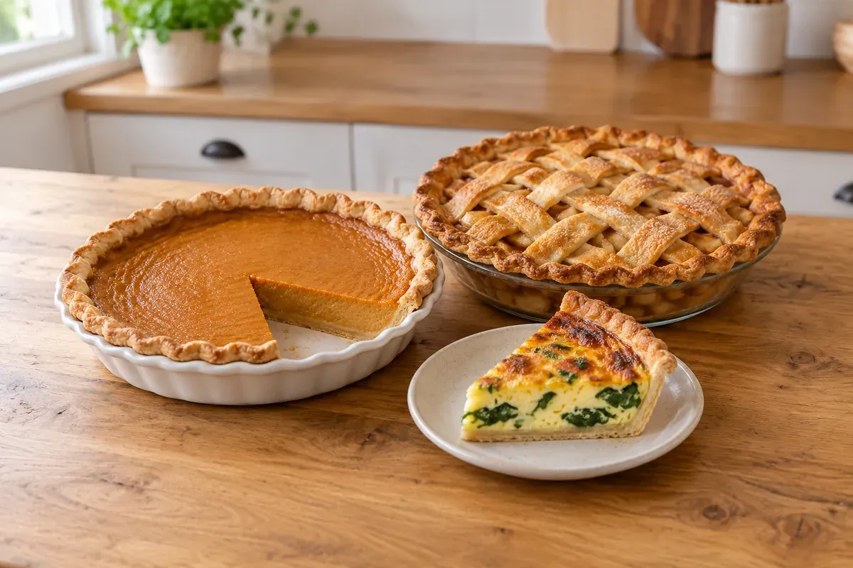 Kürbiskuchen mit fehlendem Stück, Apfelkuchen mit Gitter und ein Stück Quiche