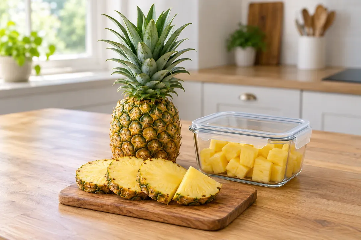 Ganze Ananas und Scheiben auf einem Brett, daneben ein Behälter mit Stücken