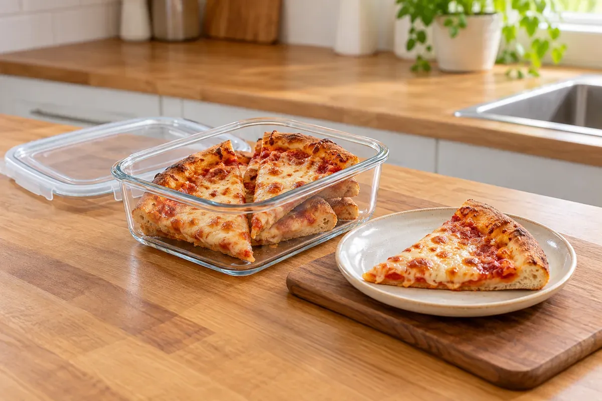 Pizzastücke in einem Glasbehälter neben einem Stück Pizza auf einem Teller