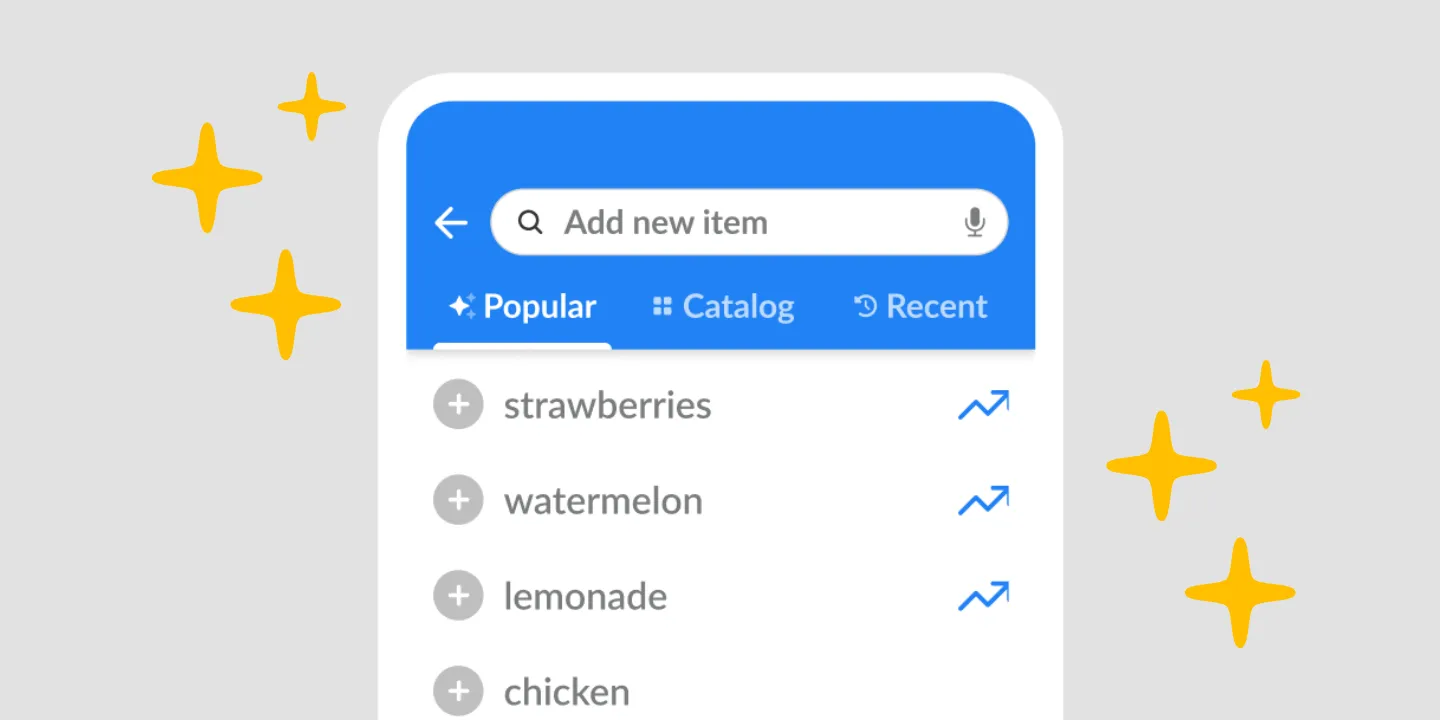 Listonic add-item screen on the Popular tab, suggesting strawberries, watermelon, lemonade and chicken.