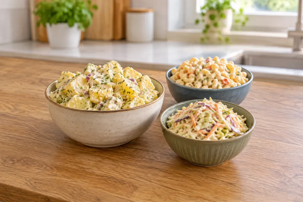 Schüssel Kartoffelsalat neben kleineren Schüsseln mit Nudelsalat und Krautsalat