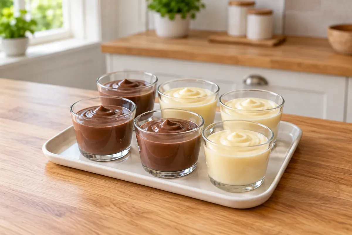 Glasbecher mit Schoko- und Vanillepudding auf einem Tablett