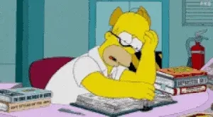 Weary yellow cartoon man in glasses flips a thick book at a desk piled high