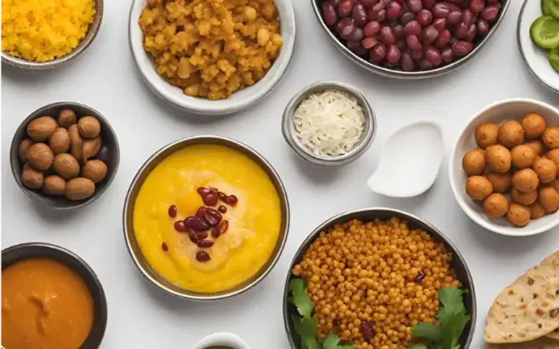 Small bowls of ingredients and dishes for the Indian breakfast meal plan, shot from above