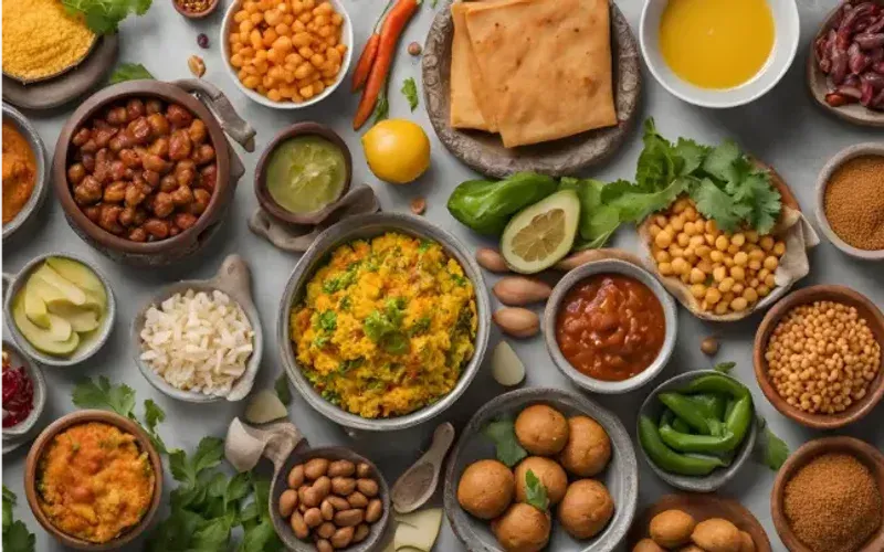 Small bowls of ingredients and dishes for the family-sized Indian meal plan, shot from above