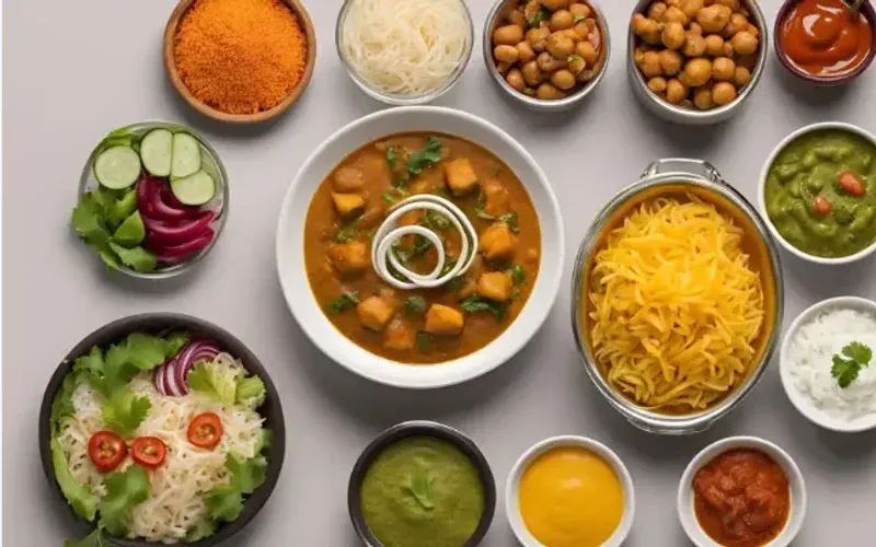Small bowls of ingredients and dishes for the free Indian meal plan, shot from above