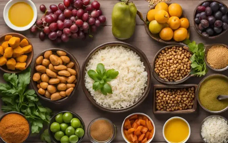 Small bowls of ingredients and dishes for the weight-gain Indian meal plan, shot from above