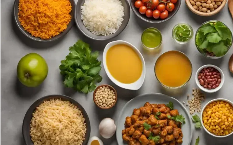 Small bowls of ingredients and dishes for the high-protein Indian meal plan, shot from above