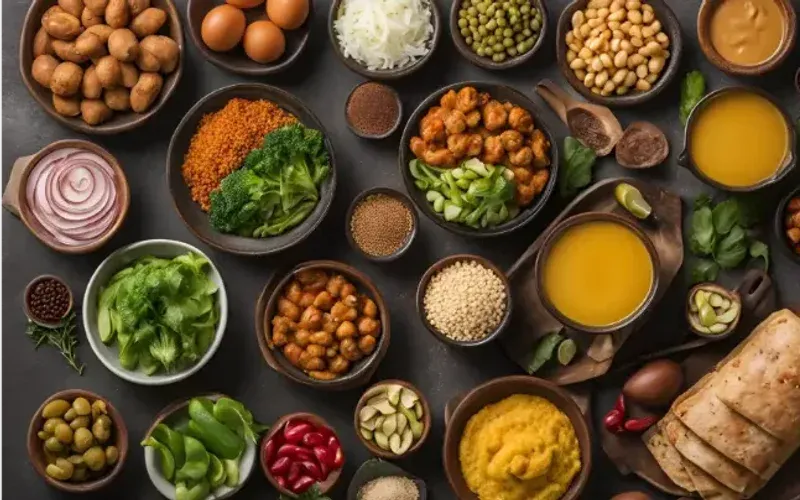 Small bowls of ingredients and dishes for the low-carb, high-protein Indian meal plan, shot from above
