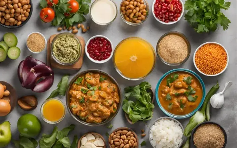 Small bowls of ingredients and dishes for the muscle-gain Indian meal plan, shot from above