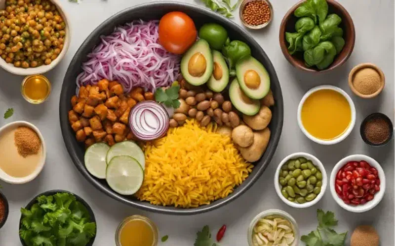 Small bowls of ingredients and dishes for the one-person Indian meal plan, shot from above