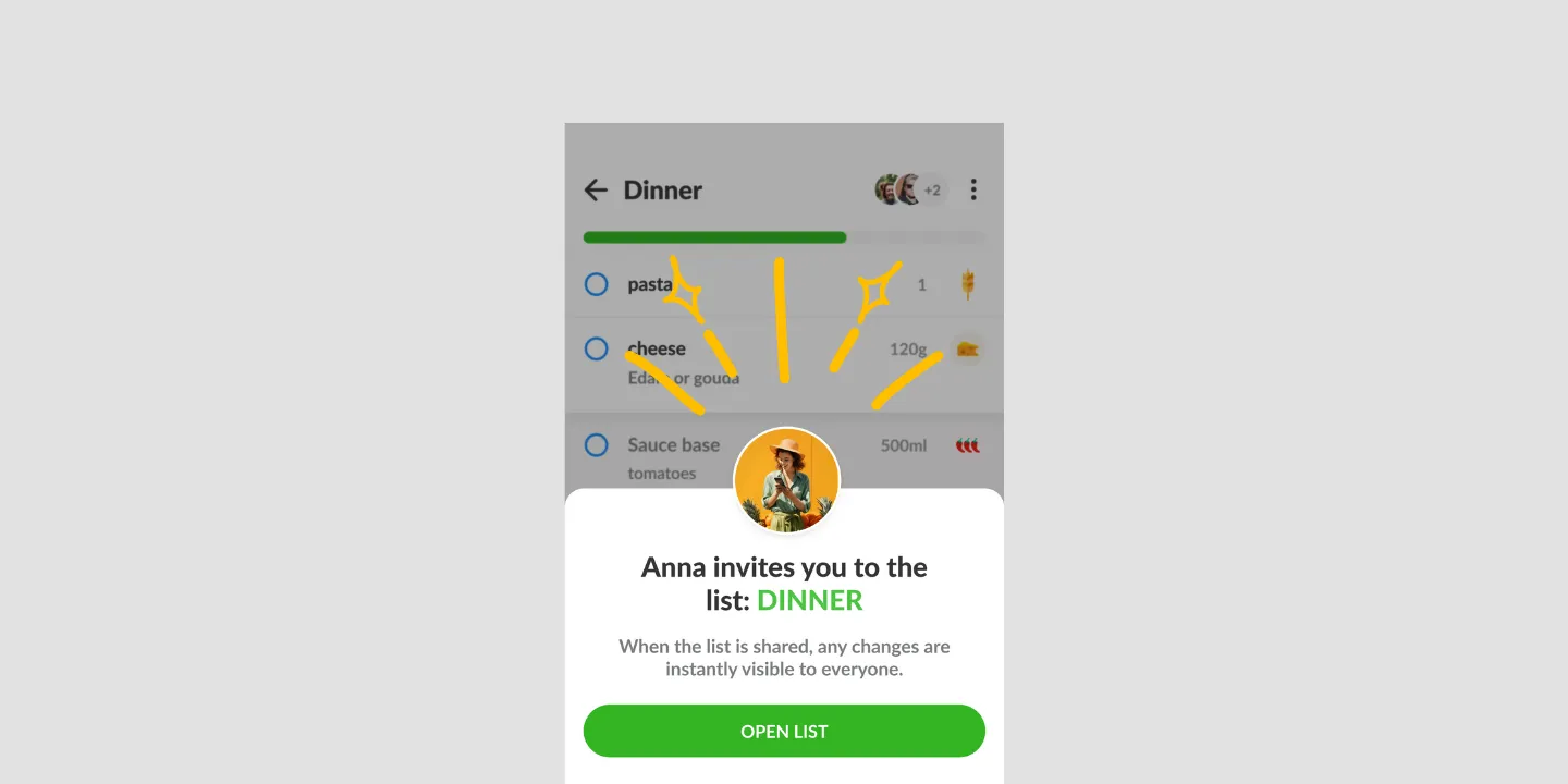 A Listonic list called Dinner with an invitation from Anna to open the shared list.