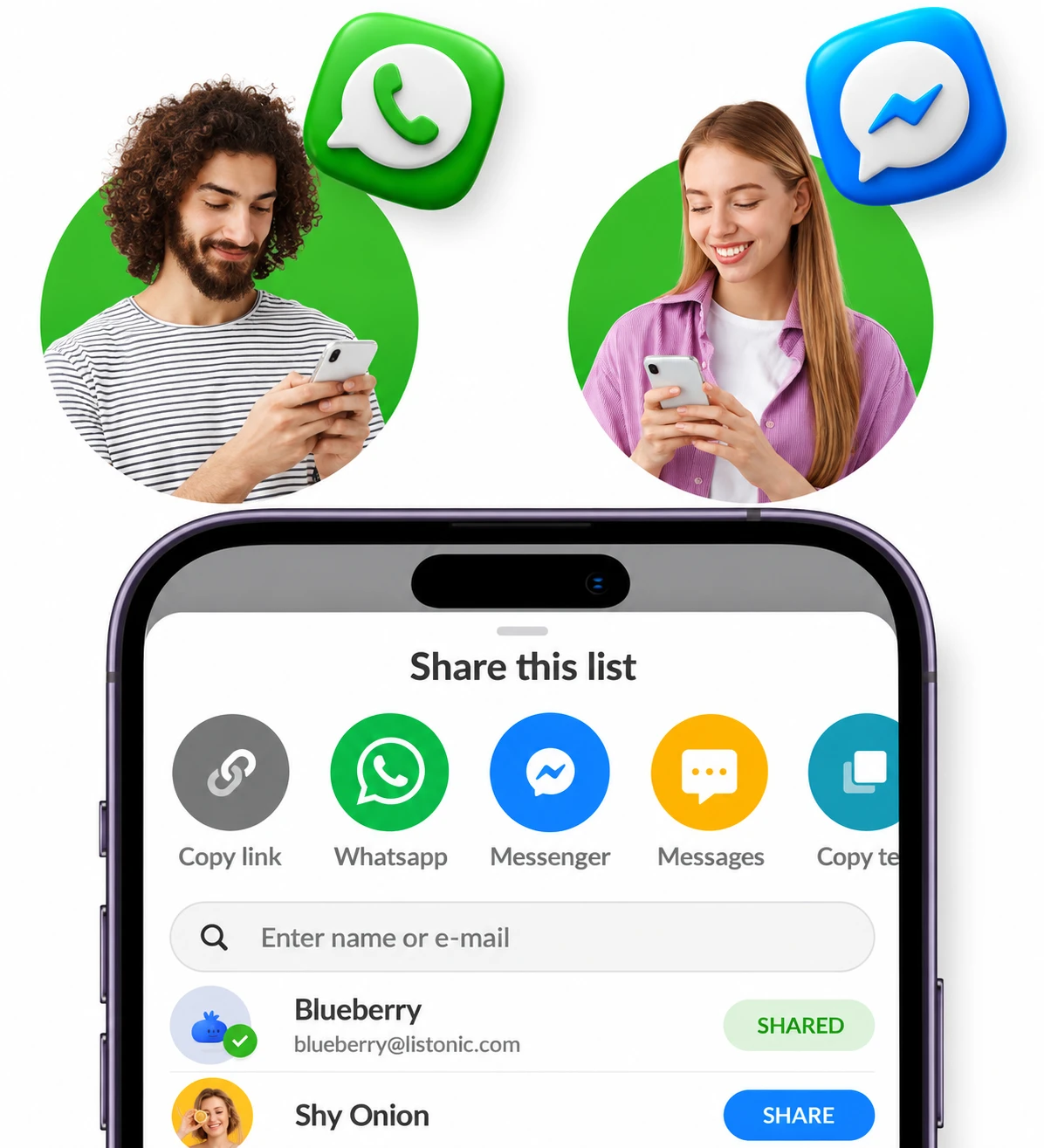 Deux personnes, des icônes de messagerie et un gros plan du partage Listonic