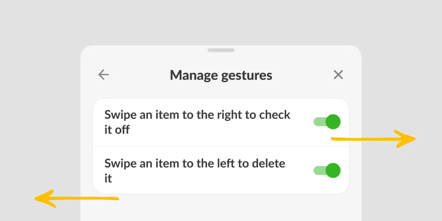 Listonic Manage gestures screen, explaining that swiping an item right checks it off and swiping left deletes it.