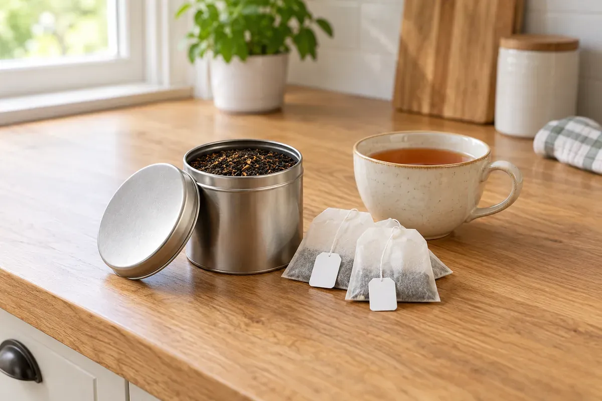 Eine Dose mit losem Tee neben Teebeuteln und einer Tasse Tee