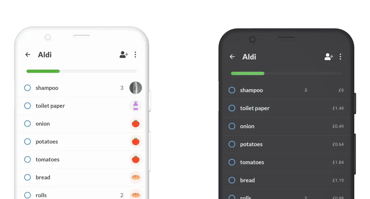 Ta sama lista zakupów Aldi obok siebie w jasnym i ciemnym motywie