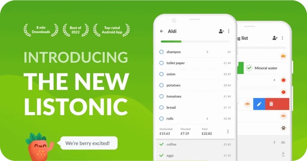 Plansza promocyjna „Introducing the New Listonic” z truskawkową maskotką