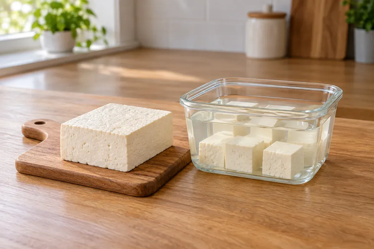Ein Block Tofu auf einem Brett neben Tofuwürfeln in einer Glasdose mit Wasser