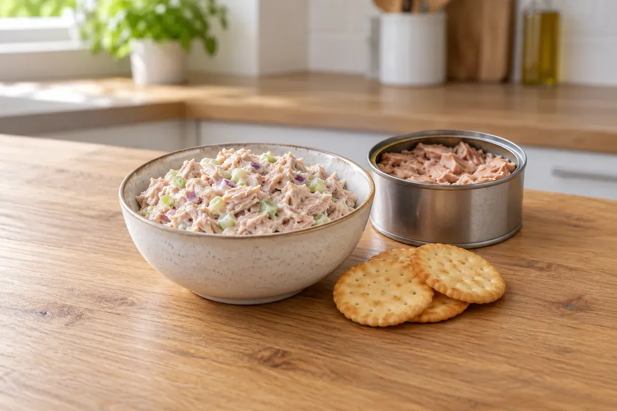 Eine Schüssel Thunfischsalat neben einer offenen Thunfischdose und Crackern
