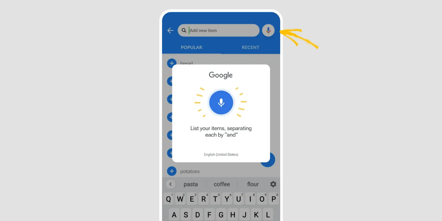Listonic add-item screen with Google voice input open, prompting you to list items separated by the word and.