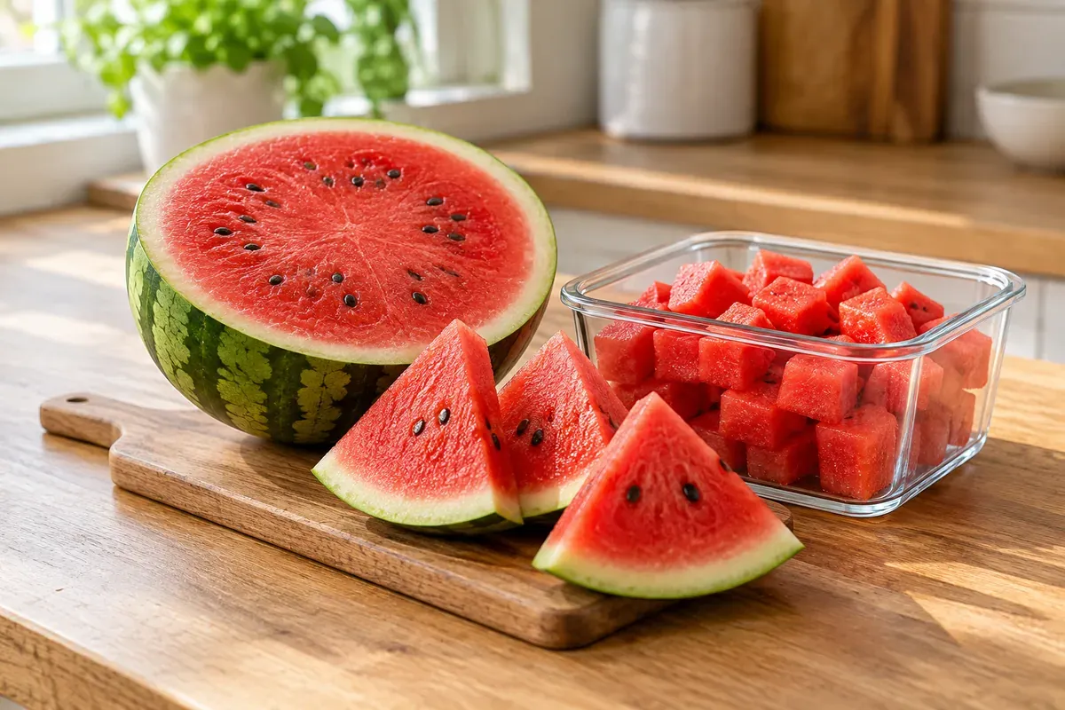 Halbe Wassermelone, Dreiecksscheiben und Behälter mit Würfeln