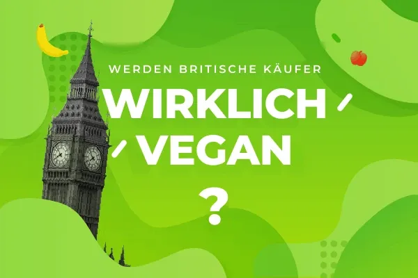 Titelgrafik „Werden britische Käufer wirklich vegan?“ mit Big Ben und Obst