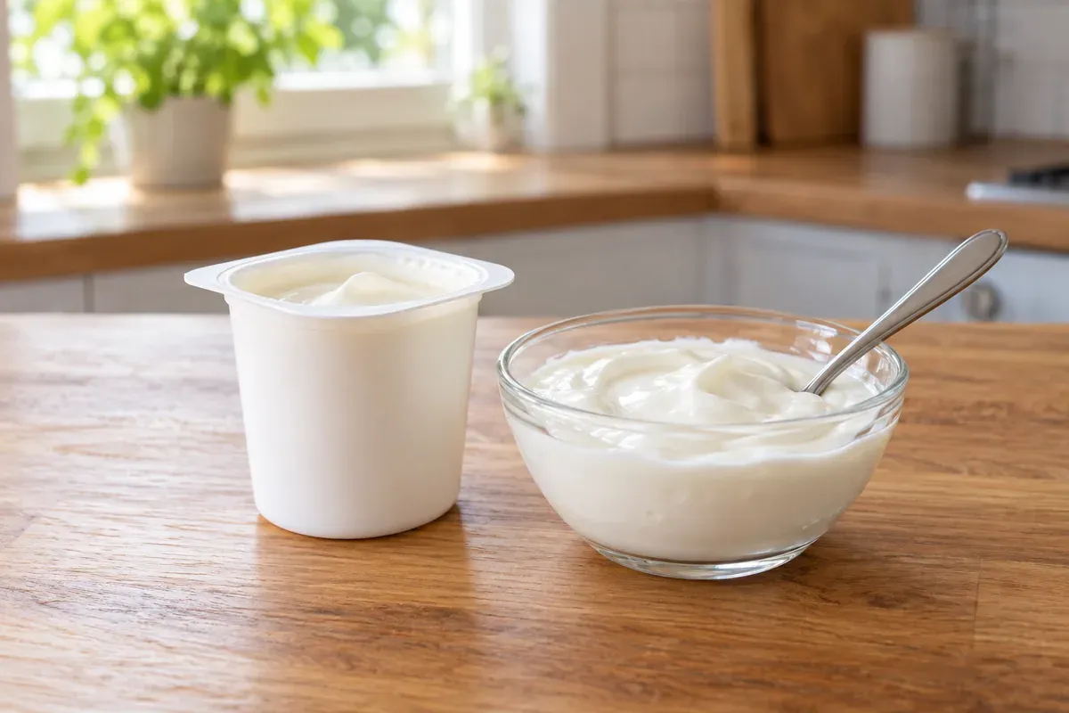 Ein Becher Naturjoghurt neben einer Glasschüssel mit Joghurt und einem Löffel