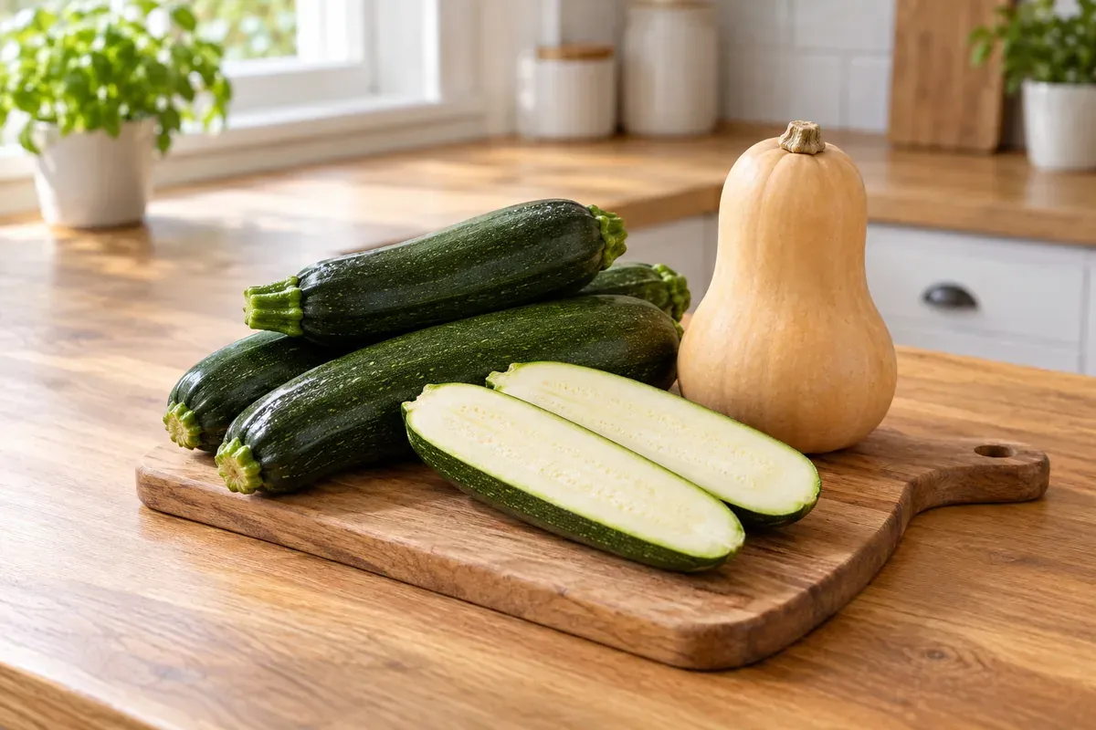 Zucchini auf einem Brett, eine halbiert, neben einem kleinen Butternut-Kürbis